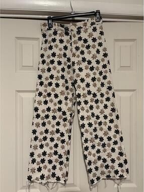 Floral Wide Leg Jeans Cottagecore Y2K Daisy Print Raw Hem Denim Pants